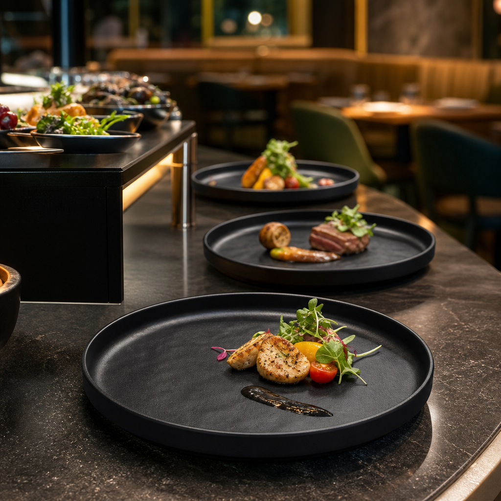 Round Plates Black Melamine for Buffet Presentations (Pack of 12)