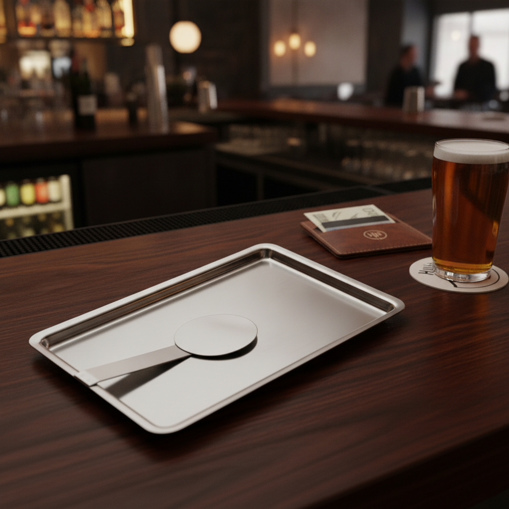 Stainless Steel Curved Tip Tray with Bill Clip for Cafes & Pubs