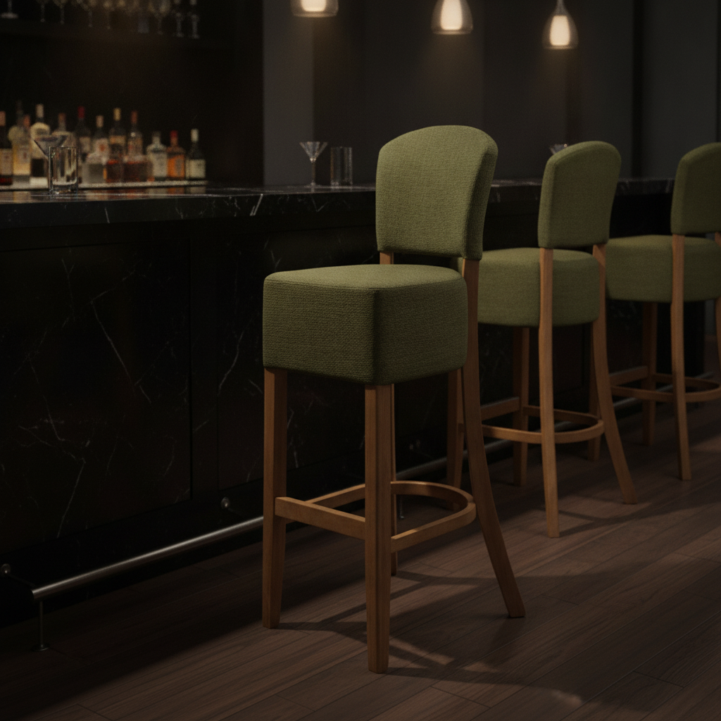 Rubber Wood Bar Chair with Green Upholstery 1175mm for Commercial Use