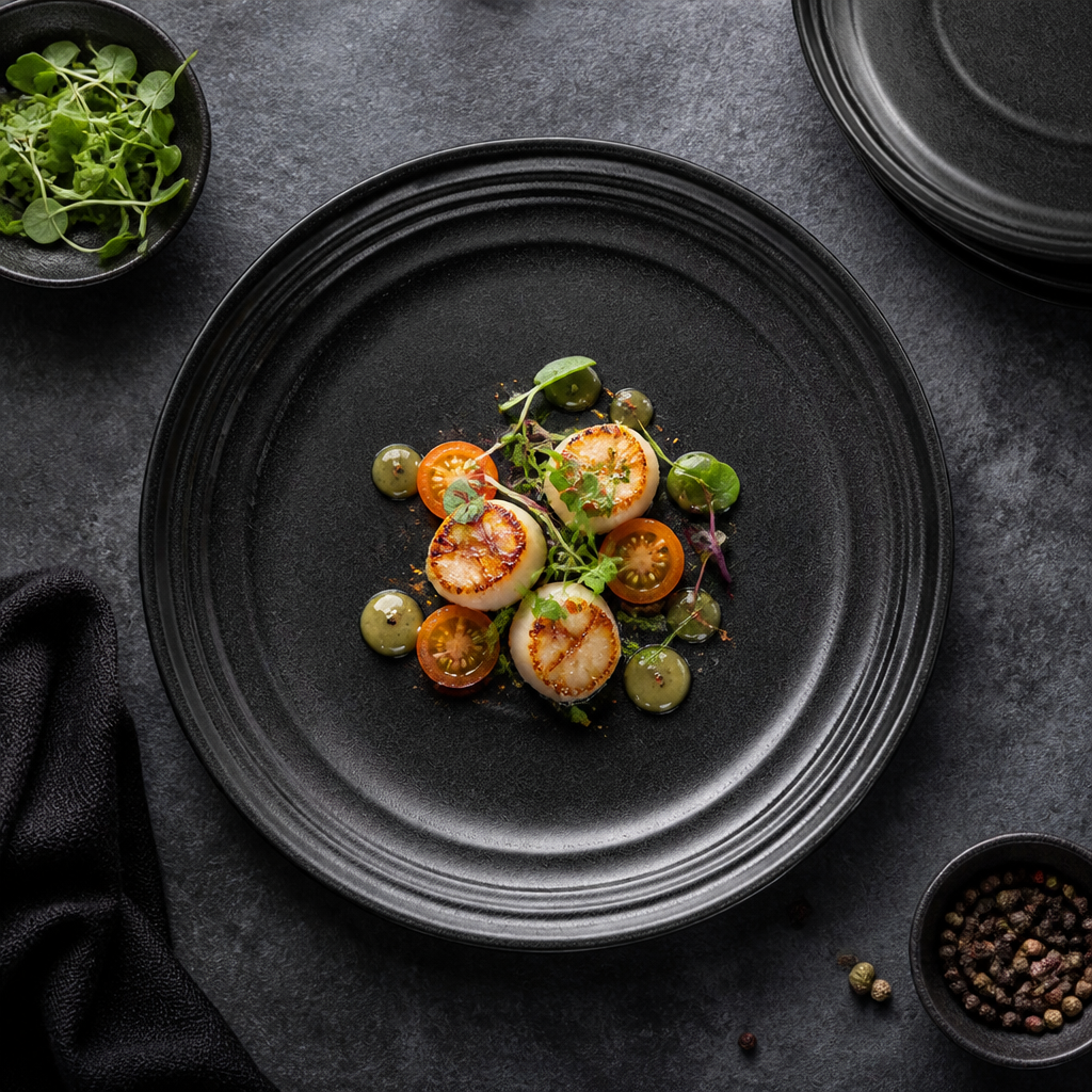 Textured Black Porcelain Flat Round Plates 220mm for Unique Dining Experiences
