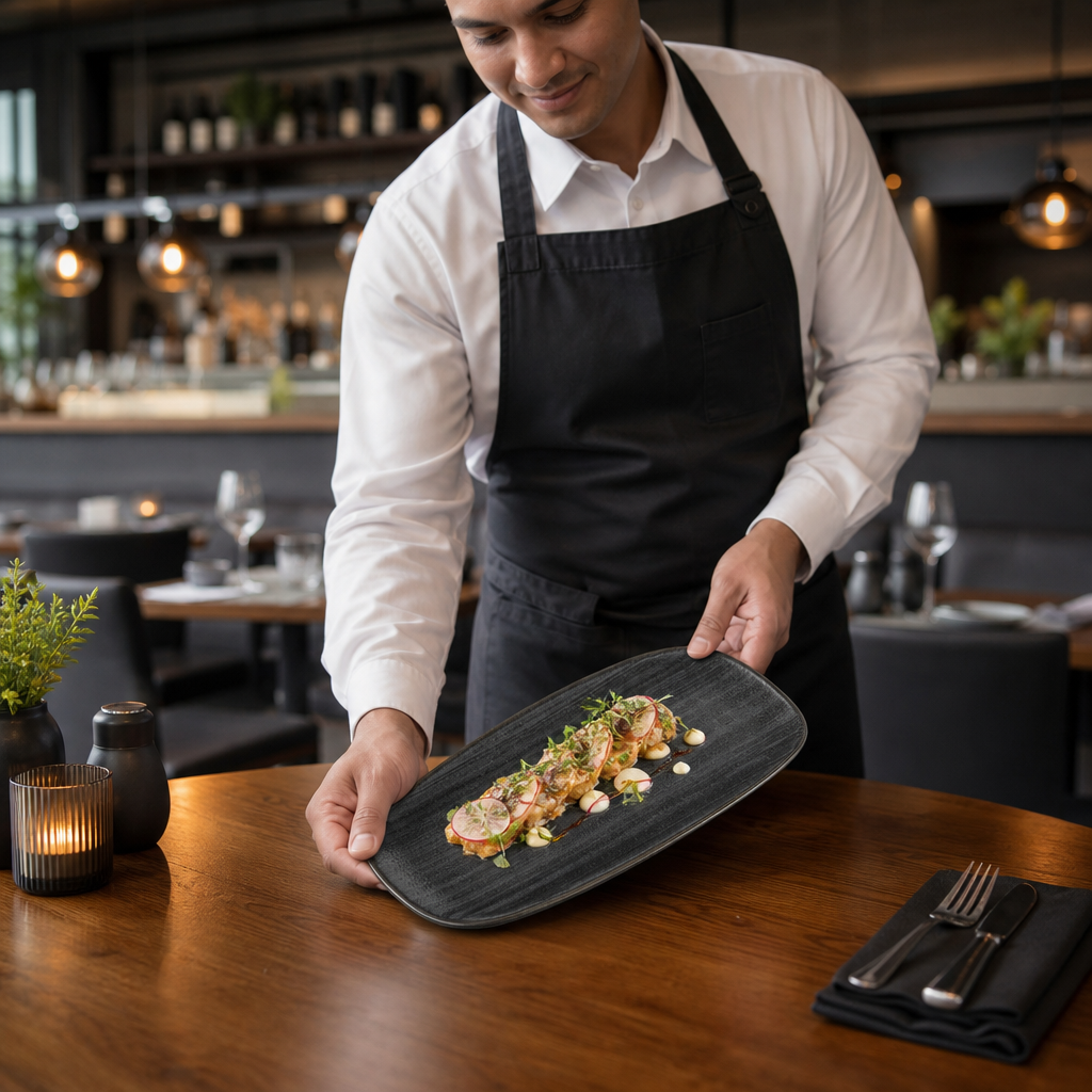 Oblong Plates x 280 152mm Black Vitrified Ceramic for Hospitality Use (Pack of 12)