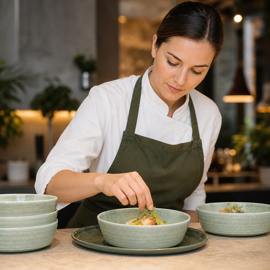 Flat Round Bowls Nature-Inspired 530ml Green Porcelain for Catering & Hospitality (Pack of 6)