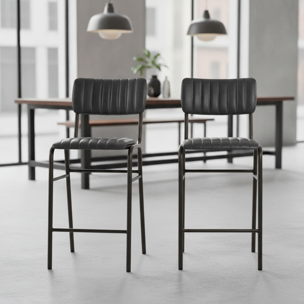 Metal Black Stacking Bar Stools with Faux Leather Upholstery 1000mm for Restaurants & Cafés (Pack of 2)