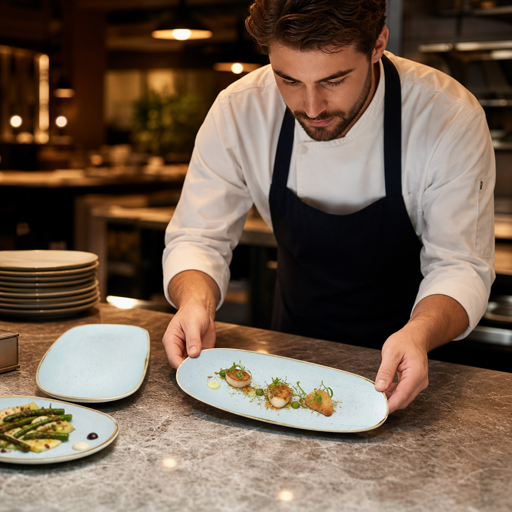 Oblong Plates Blue 300x150mm Duck Egg Blue Vitrified Ceramic for Hospitality Environments (Pack of 12)
