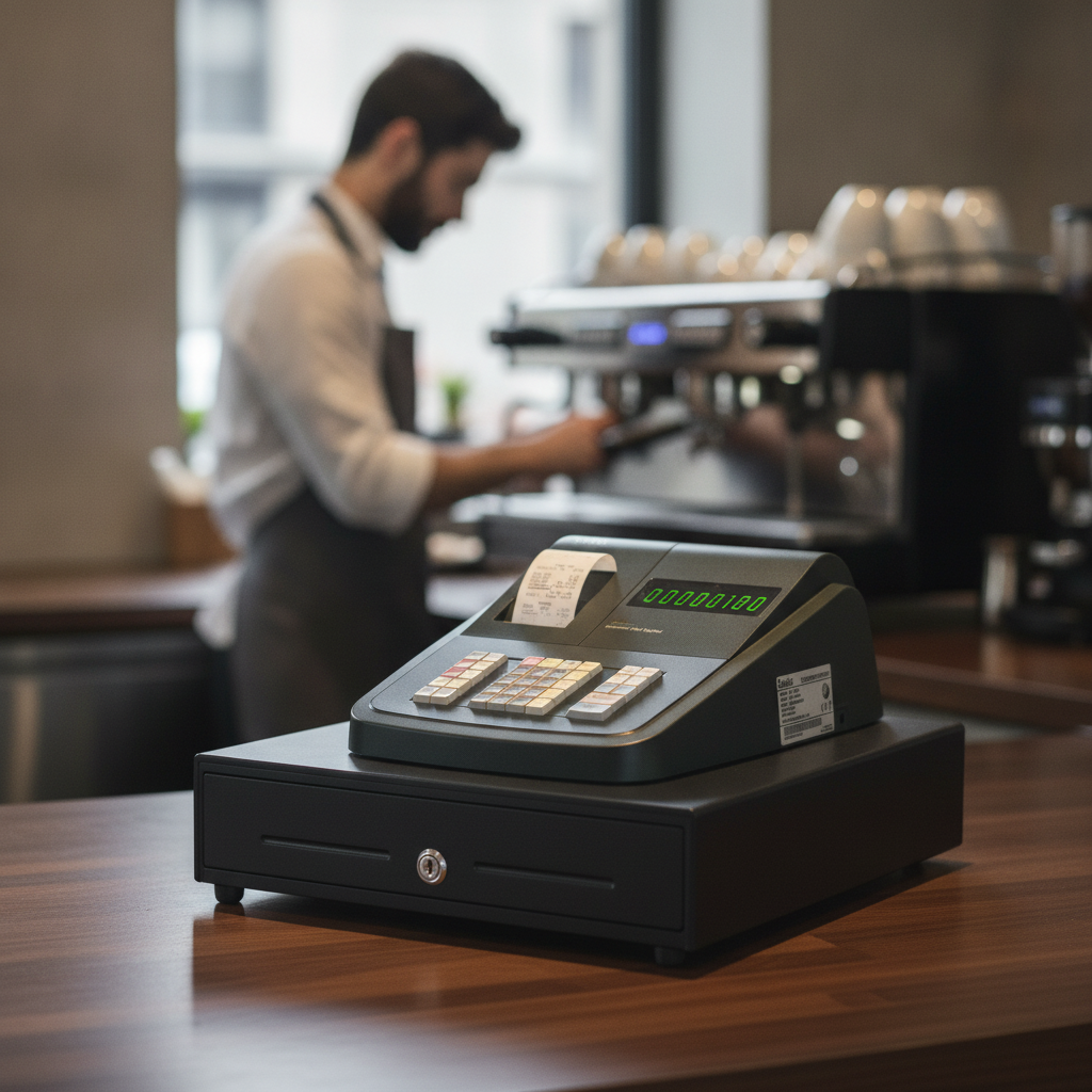 Compact Black Cash Register with Thermal Printer for Small Businesses