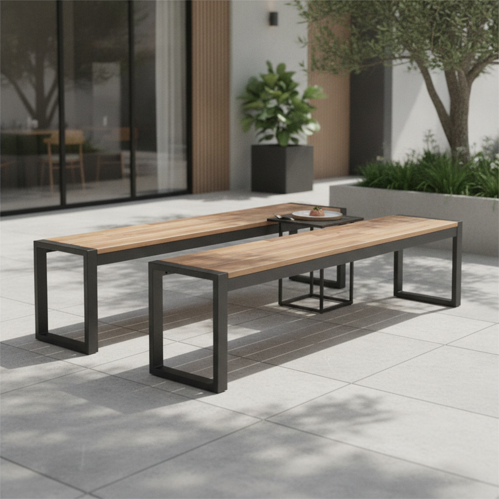 Acacia Wood and Powder-Coated Steel Industrial Benches 450mm for Indoor & Outdoor Use (Pack of 2)