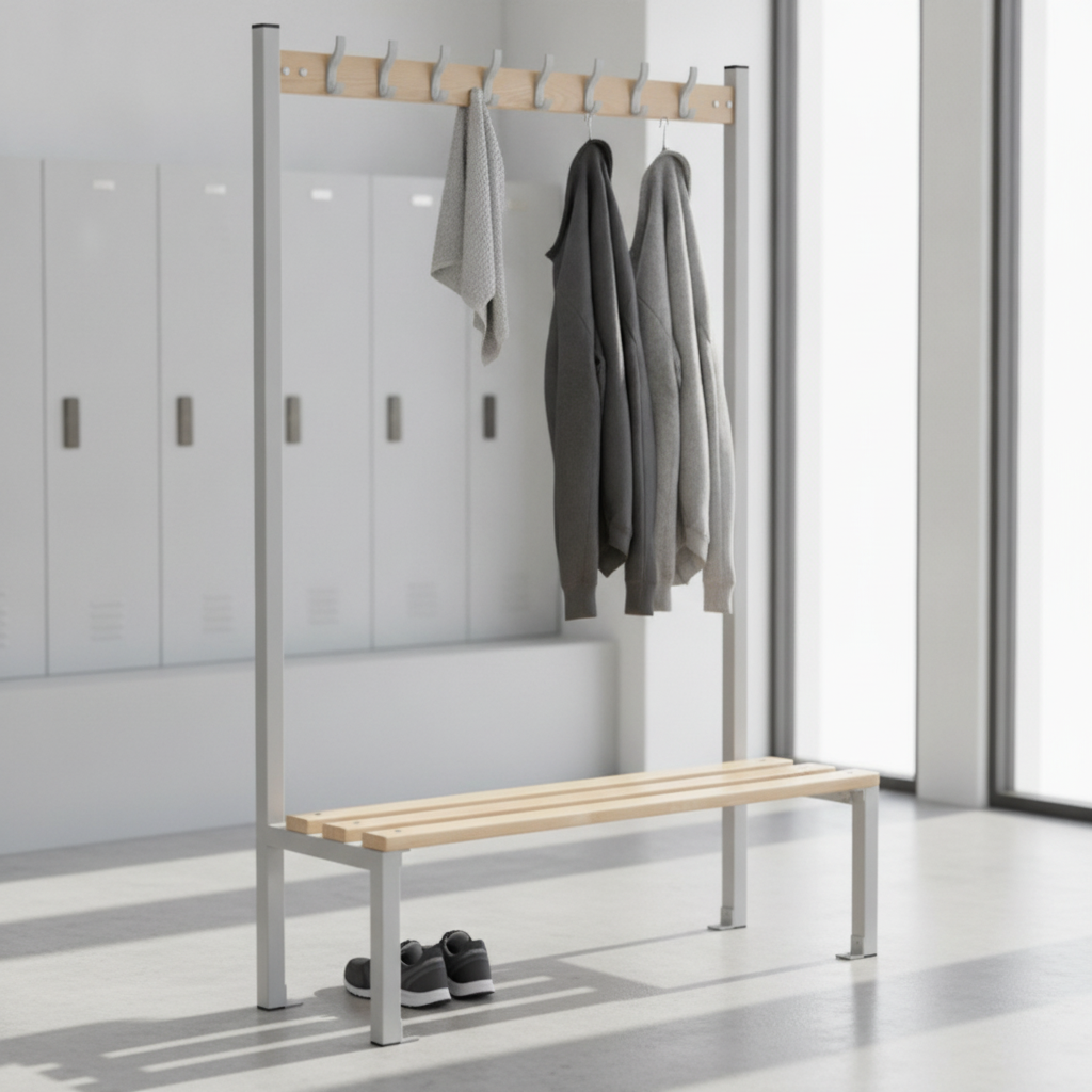 Steel Coat Hanger Bench 1200mm with Ash Wood Slats for Leisure Facilities