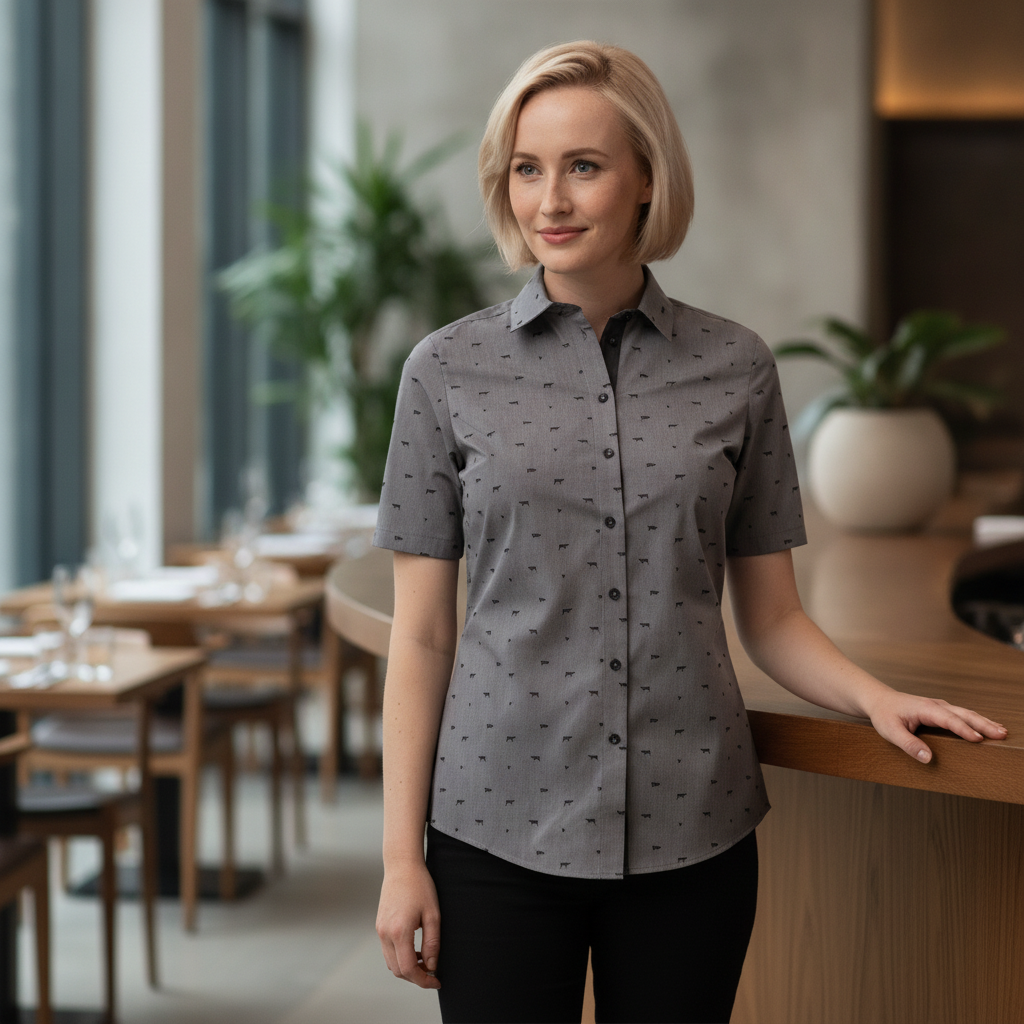 Polycotton Grey Women's Short Sleeve Shirt for Front of House Staff