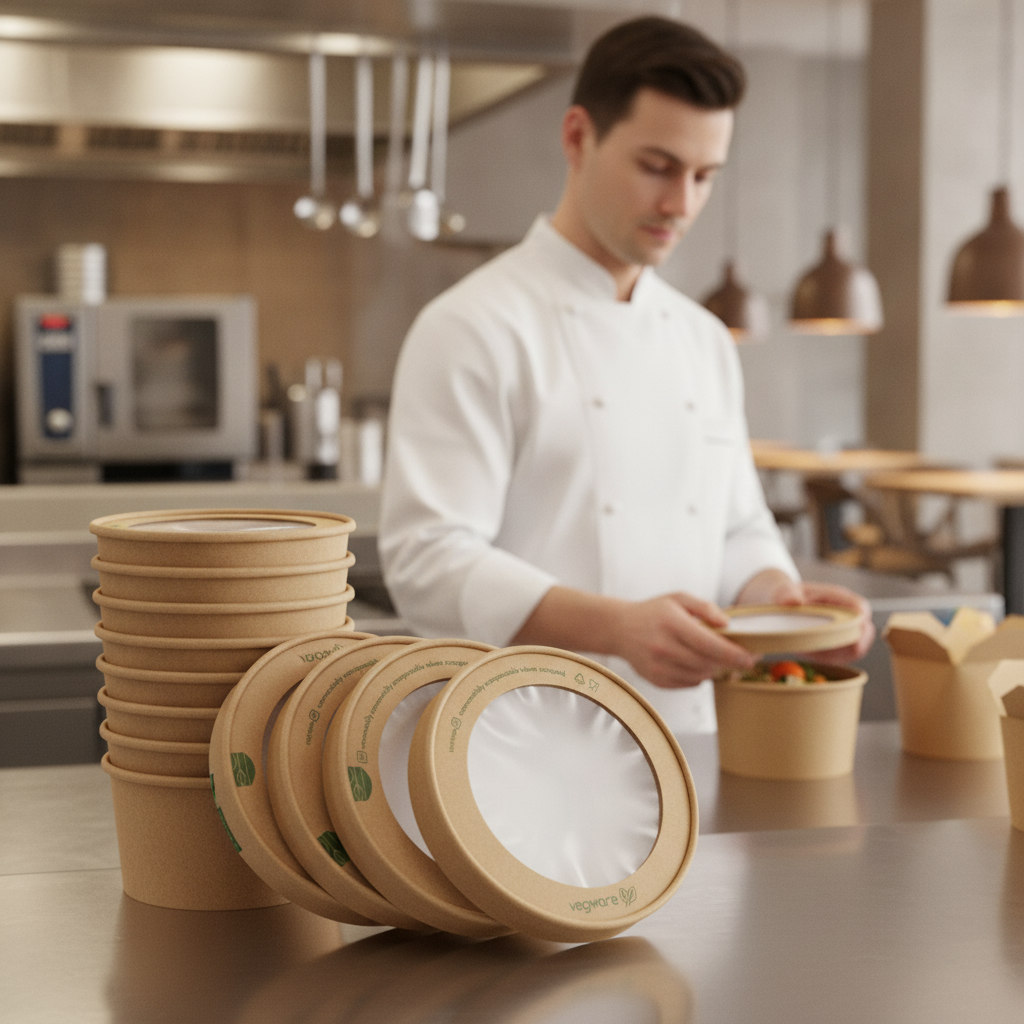 Kraft Paper Round Lids with Cellophane Window for Takeaway Service (Pack of 300)
