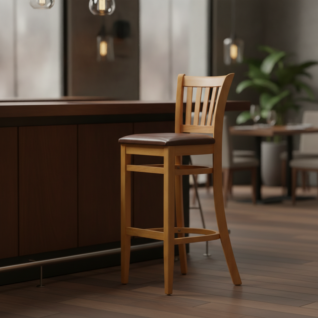 Rubber Wood Bar Chair with Bison Espresso Seat 1100mm for Commercial Use
