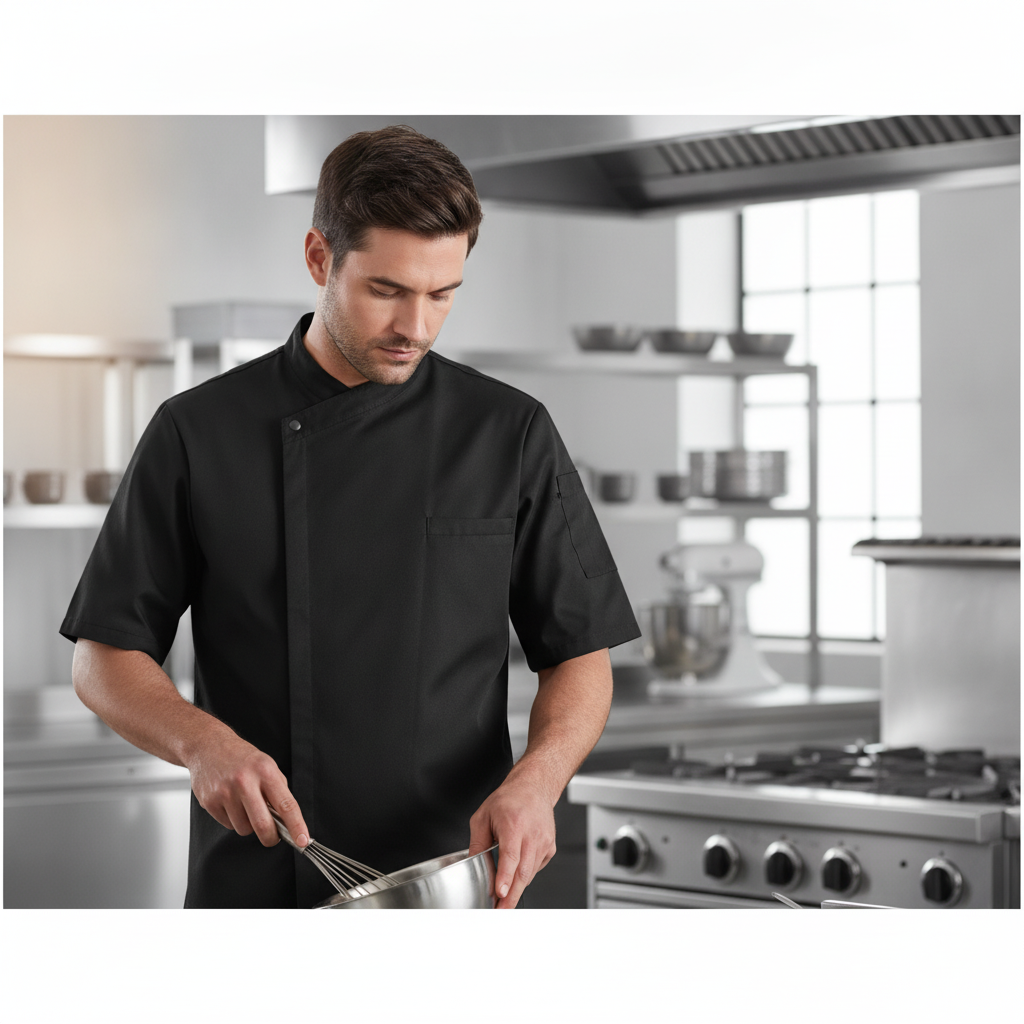 Cotton & Recycled Polyester Black Band Collar Chef Jacket for Professional Kitchens