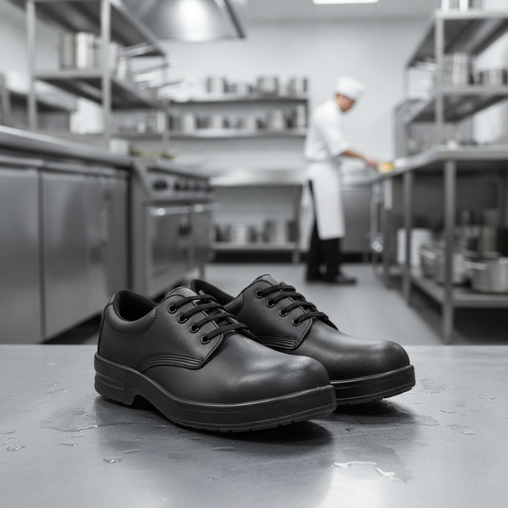 Polyurethane Black Safety Shoes with Steel Toe Cap for Commercial Kitchens