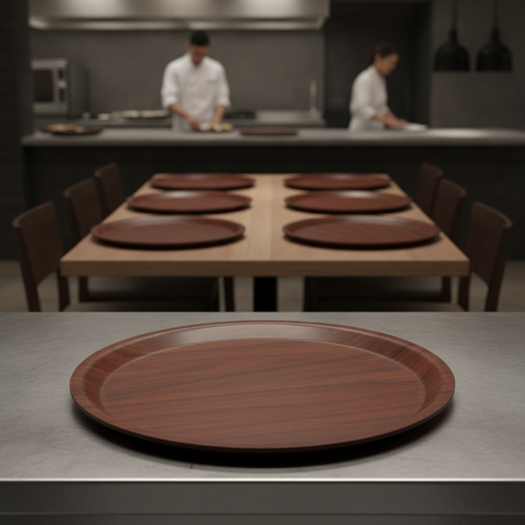 Laminate Round Canteen Tray 380mm Walnut for Dining Spaces (Pack of 24)