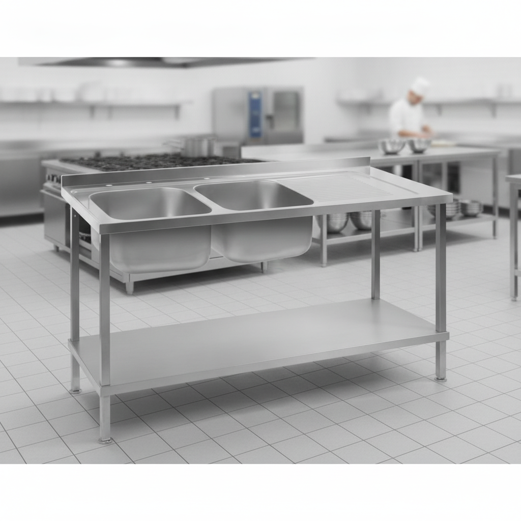 304 Stainless Steel Double Sink Unit with Right Hand Drainer for Commercial Kitchens