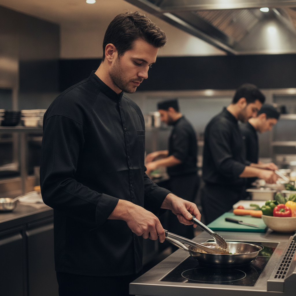 Recycled Polyester Black Chef Jacket for Hospitality Uniforms
