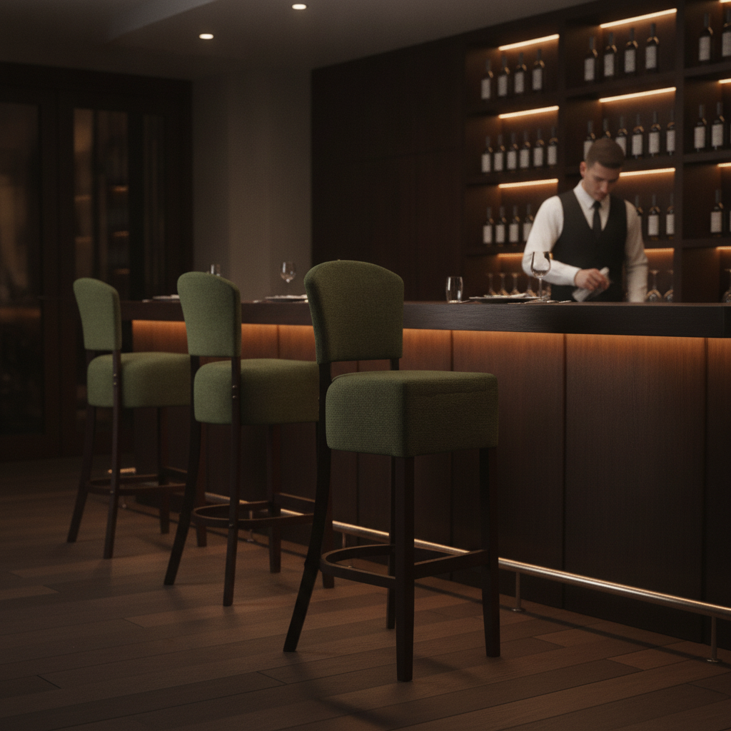 Rubber Wood Bar Chair with Green Upholstery 1175mm for Commercial Use