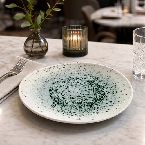 Centre Print Organic Round Plates 210mm Green Vitrified Ceramic for Stylish Table Service (Pack of 12)