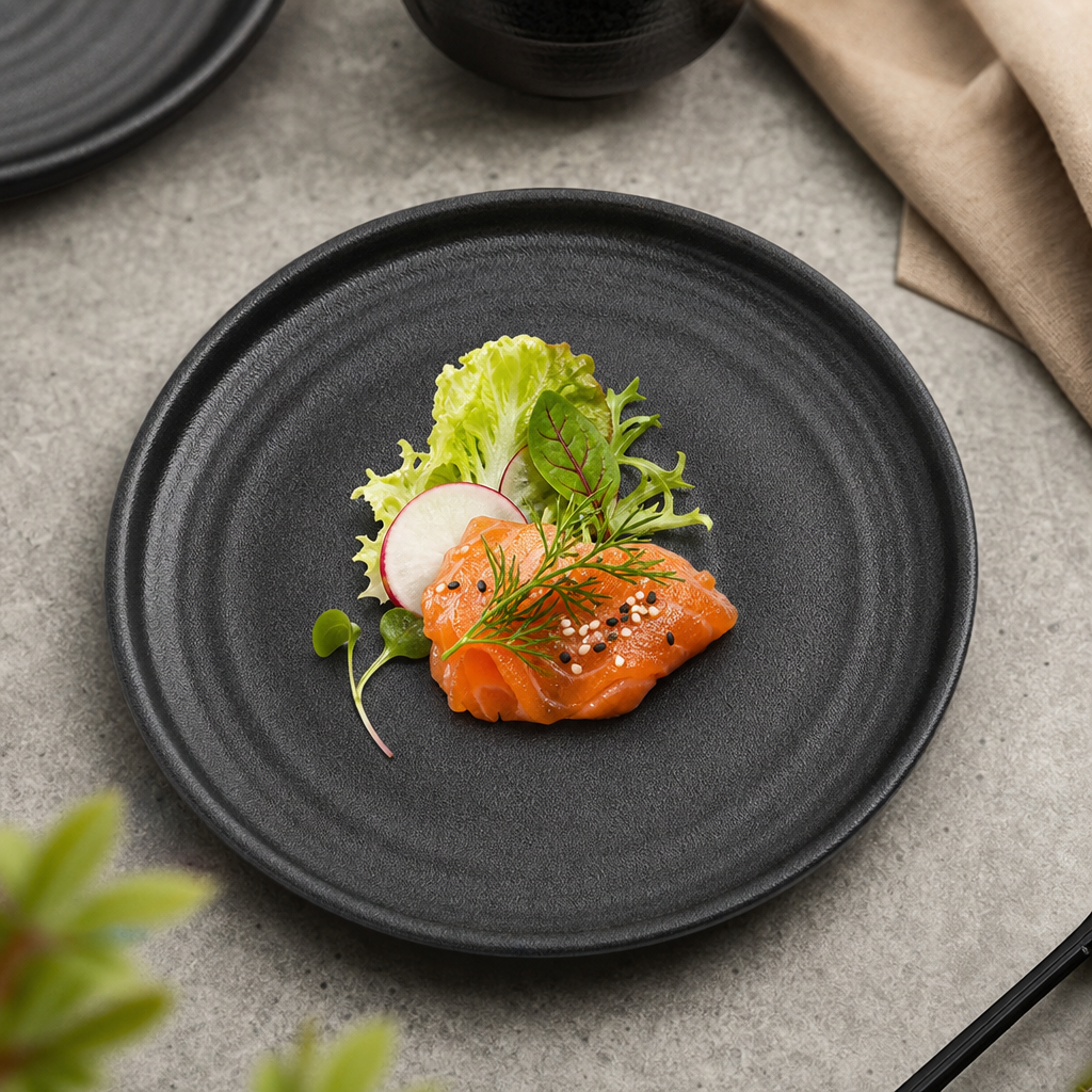 Textured Black Porcelain Flat Round Plates 180mm for Unique Table Settings