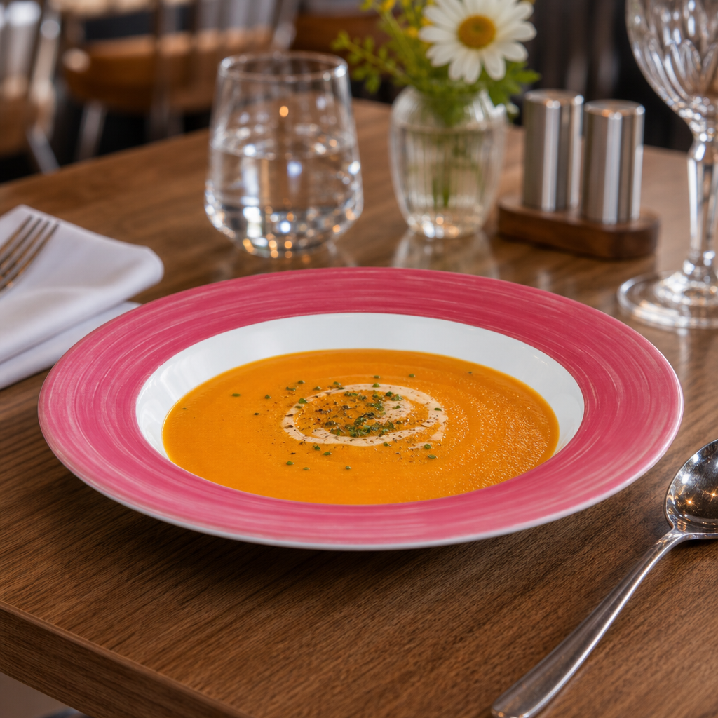 Opal Glass Soup Plates with Brush Coloured Rim 225mm for Healthcare Environments