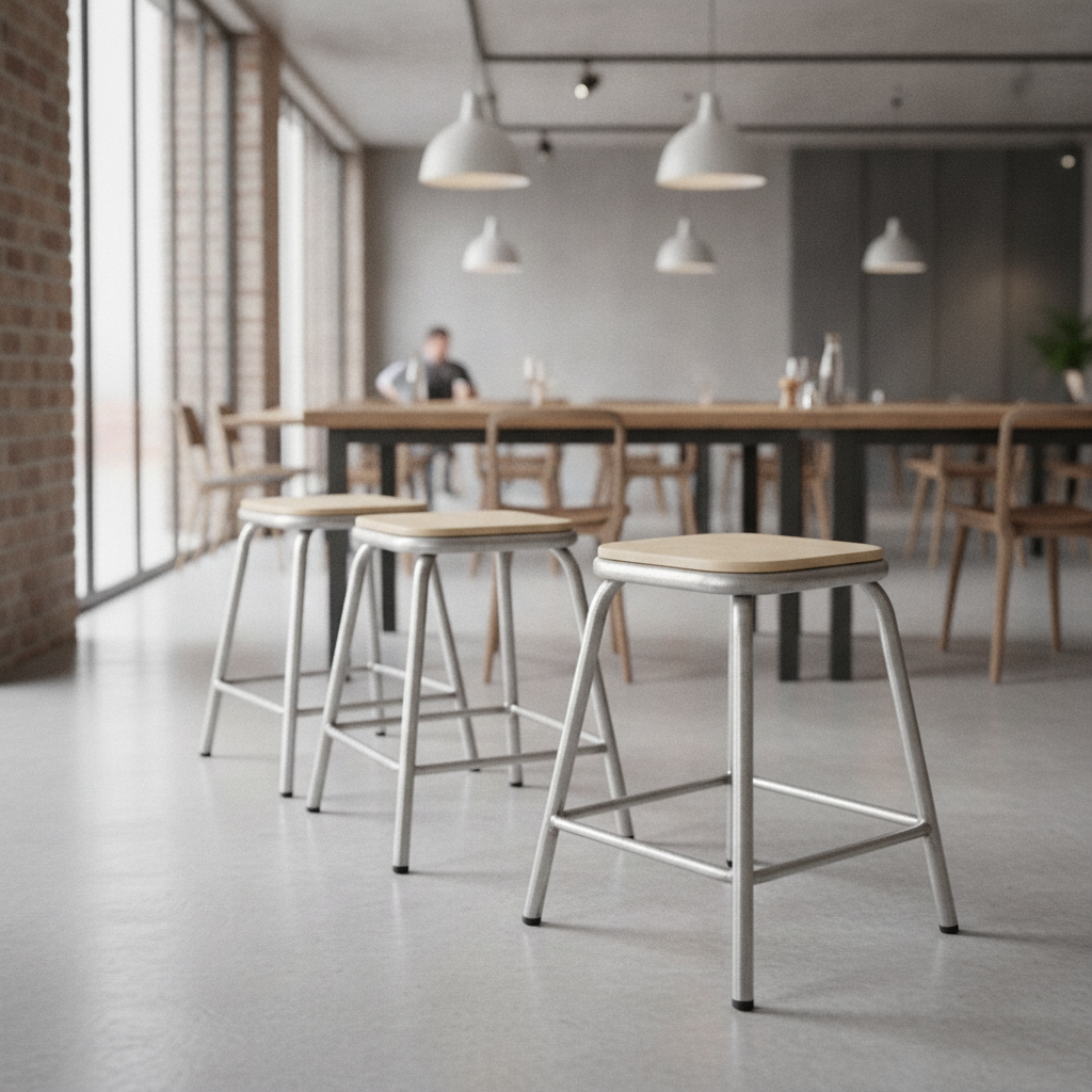 Galvanised Steel Low Stools with Wooden Seats 470x385mm for Restaurants (Pack of 4)