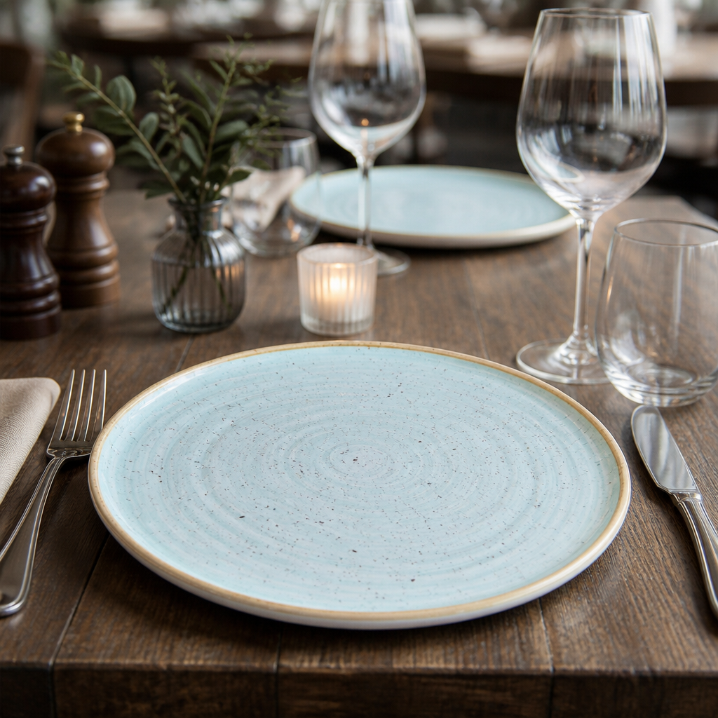 Hand Decorated Walled Plates 260mm Duck Egg Blue Vitrified Ceramic for Dining Tables (Pack of 6)