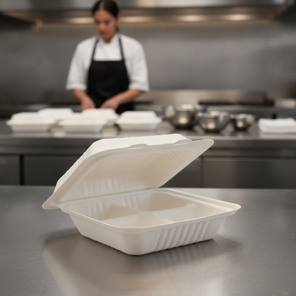 Bagasse Three-Compartment Food Containers 201mm for Eco-Friendly Catering (Pack of 200)