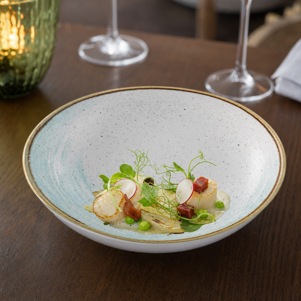 Stonecast Accents Evolve Coupe Bowl in Blue & White for Dining Experiences