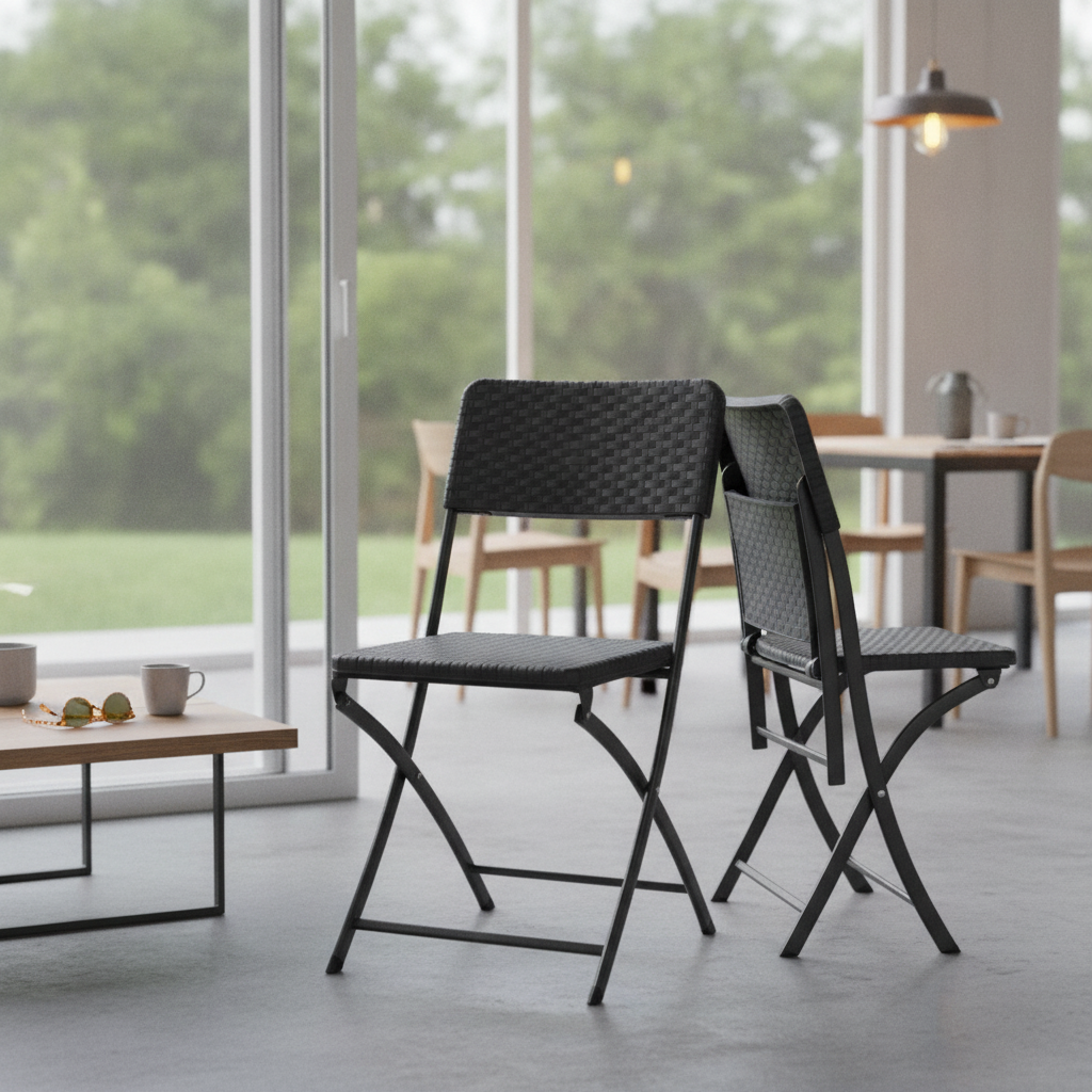 Powder Coated Steel Rattan Folding Chairs 805mm for Indoor & Outdoor Use (Pack of 2)