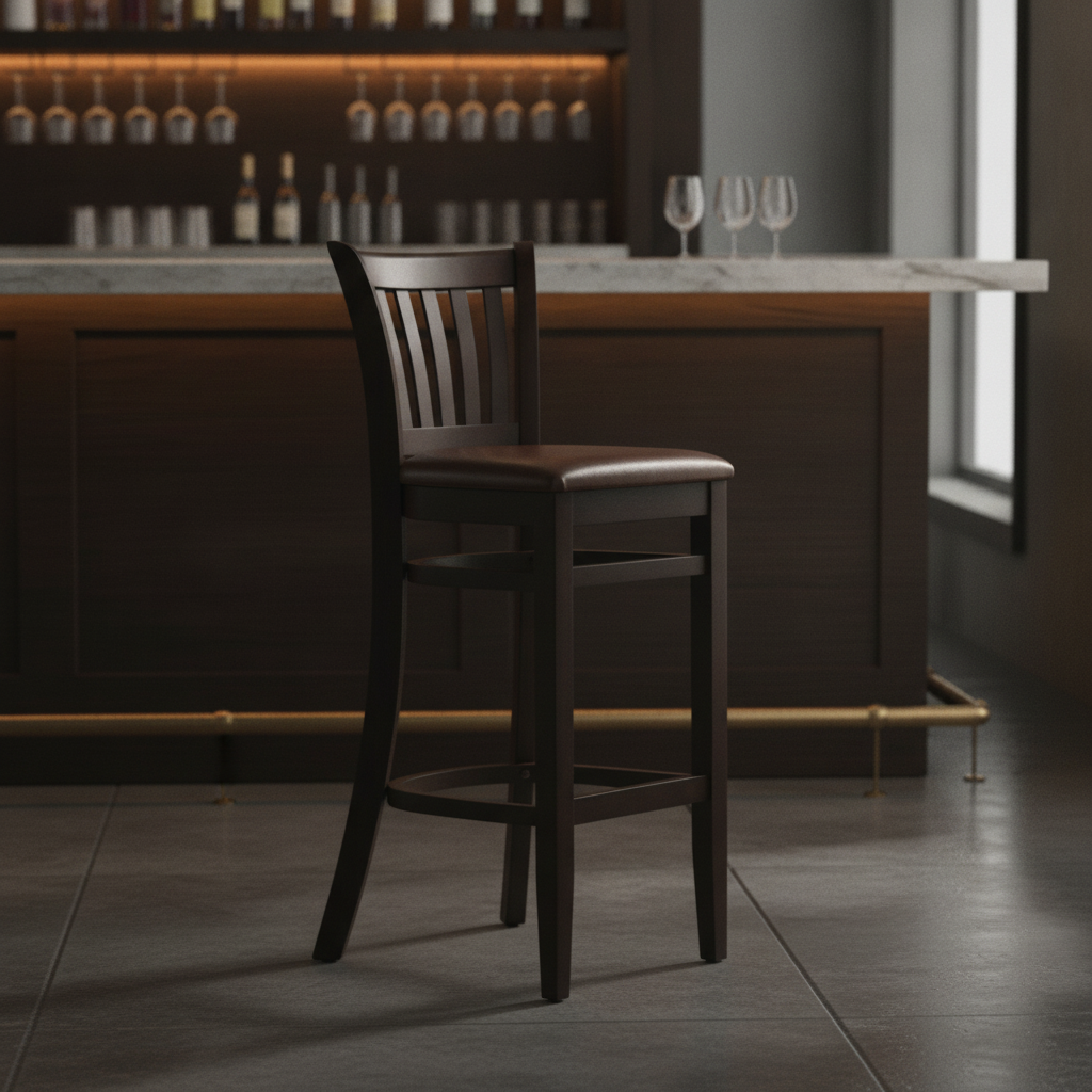 Rubber Wood Bar Chair with Bison Espresso Seat 1100mm for Commercial Use