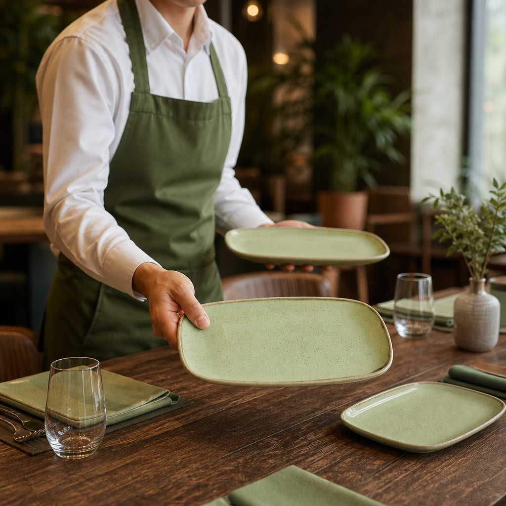 Oblong Plates 298mm Green Vitrified Ceramic for Dining Tables (Pack of 12)