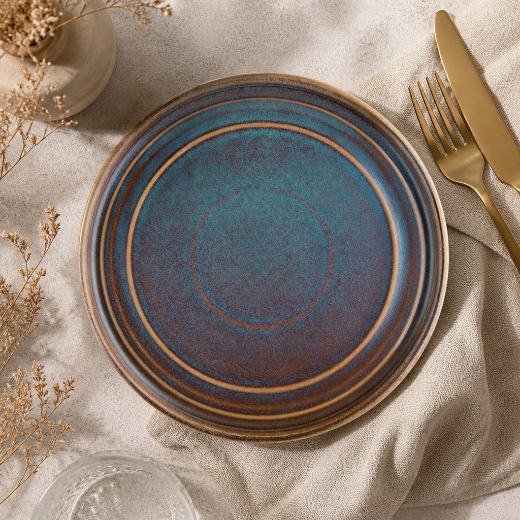 Iridescent Porcelain Flat Round Plates 220mm for Elegant Table Settings