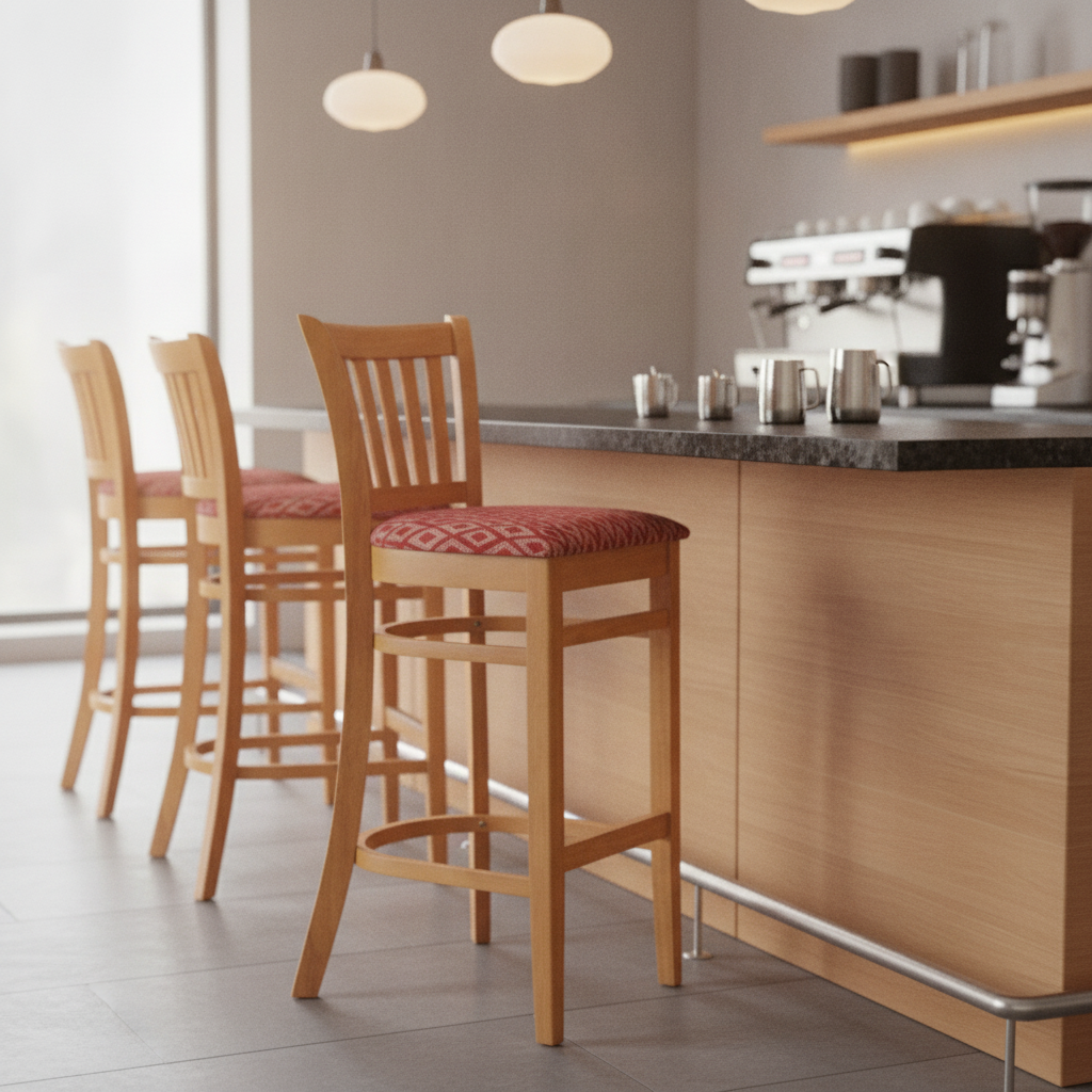 Rubber Wood Bar Chair with Red Padded Seat 1010x410mm for Hospitality Settings
