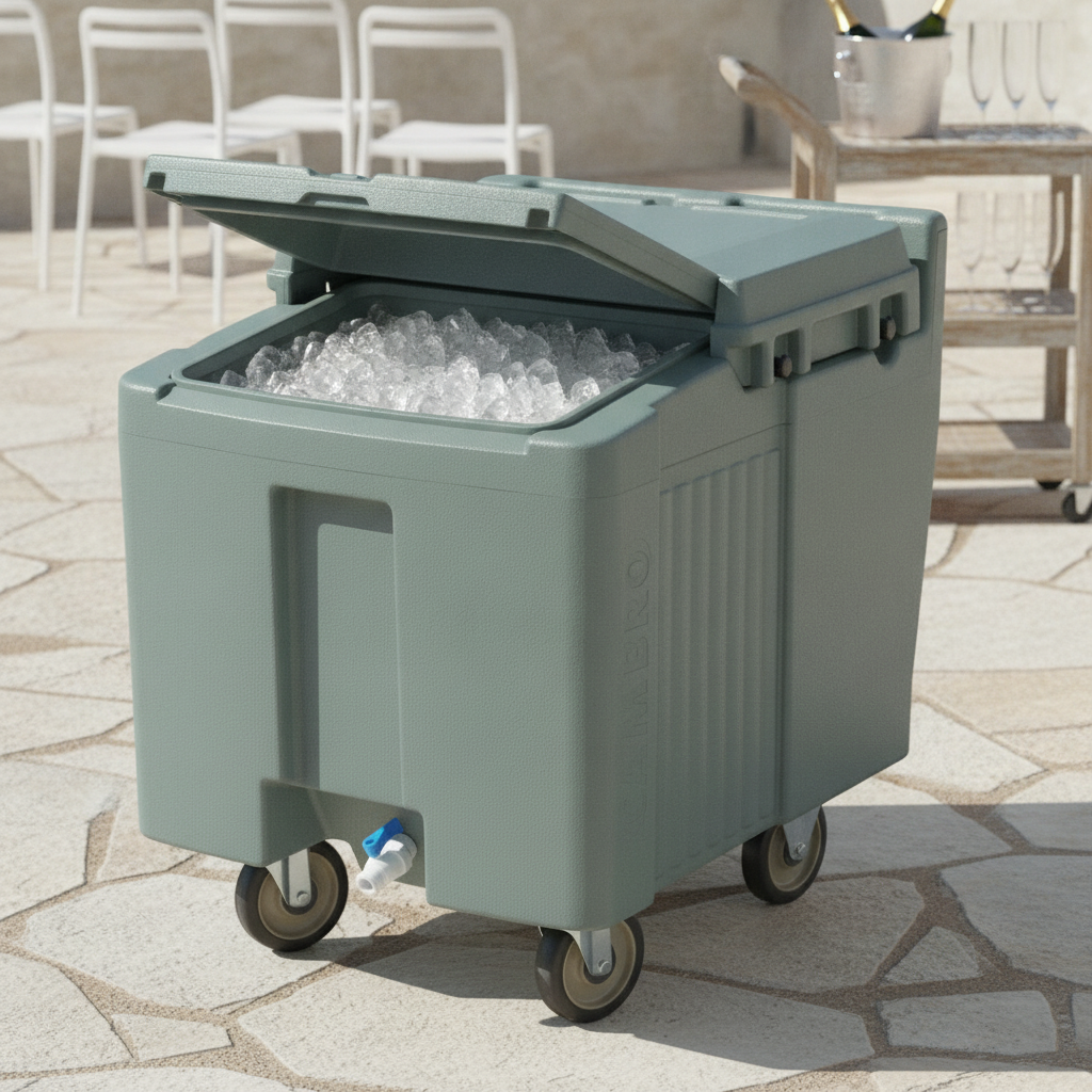 High Density Polyethylene Ice Caddy with Sliding Lid for Outdoor Events