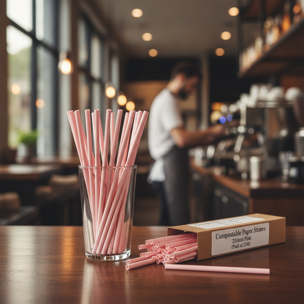 Compostable Paper Straws 210mm Pink for Cold Beverages (Pack of 250)