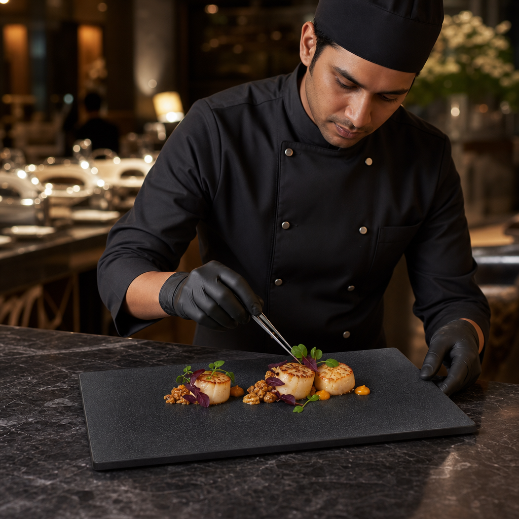 Rectangular Buffet Tiles Melamine Trays and Platters Black for Food Presentation (Pack of 6)