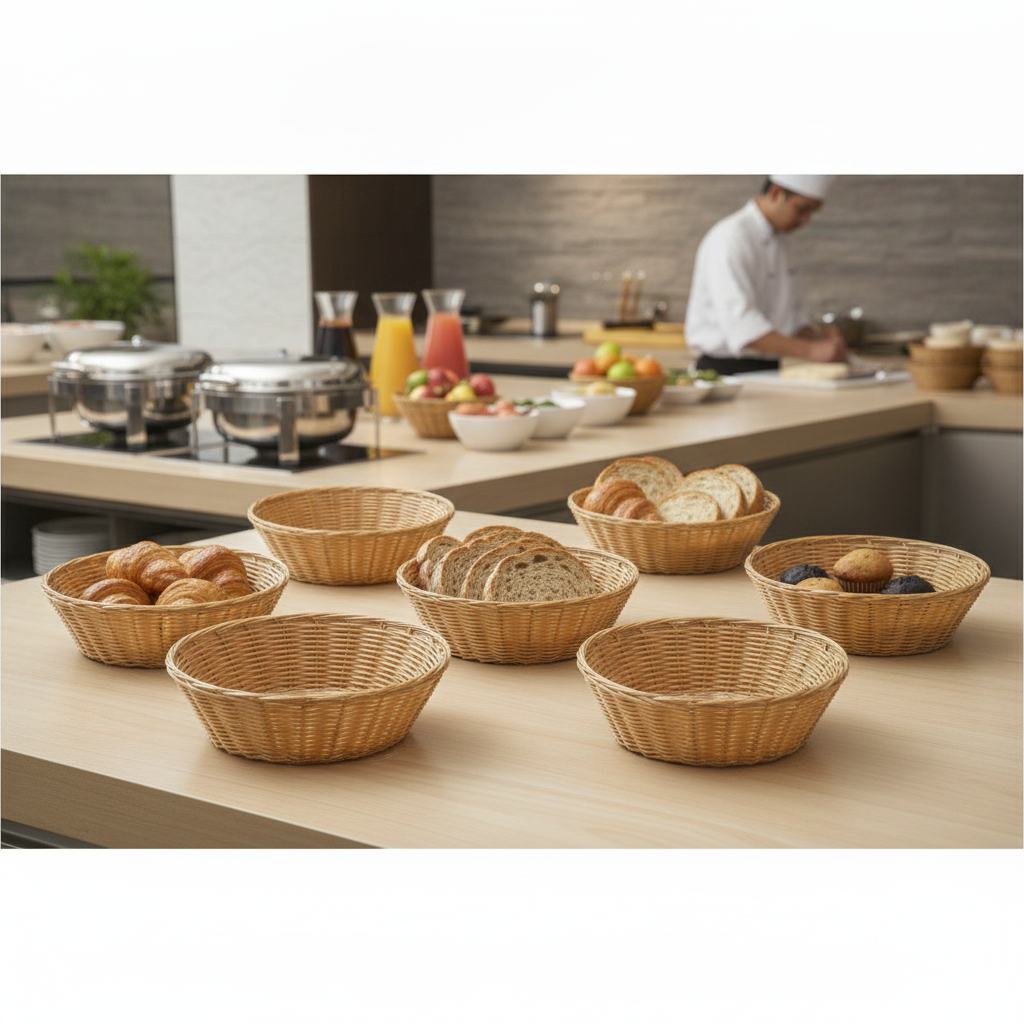 Polywicker Round Food Baskets 200mm for Breakfast Buffets (Pack of 6)