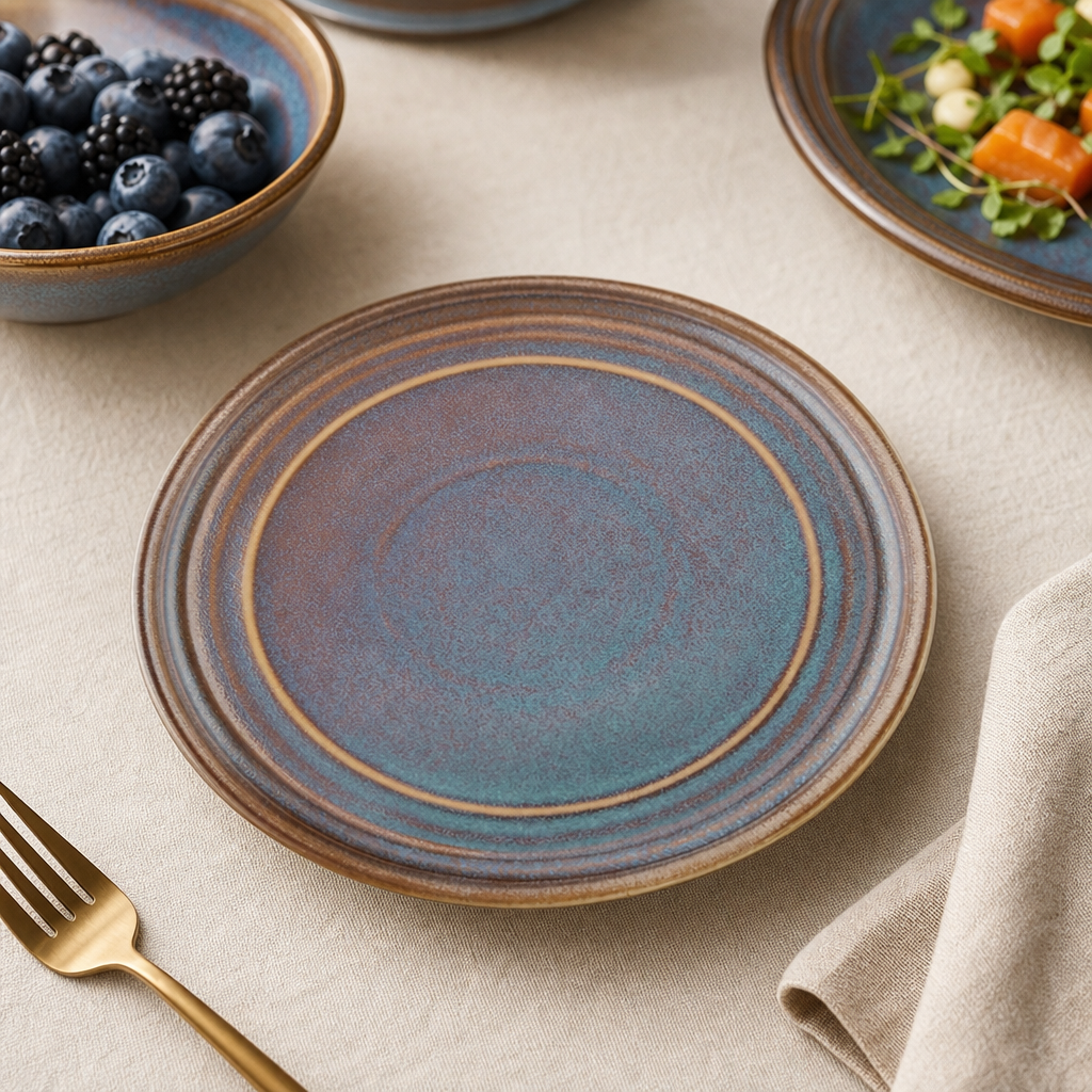 Iridescent Porcelain Flat Round Plates 180mm for Elegant Table Settings