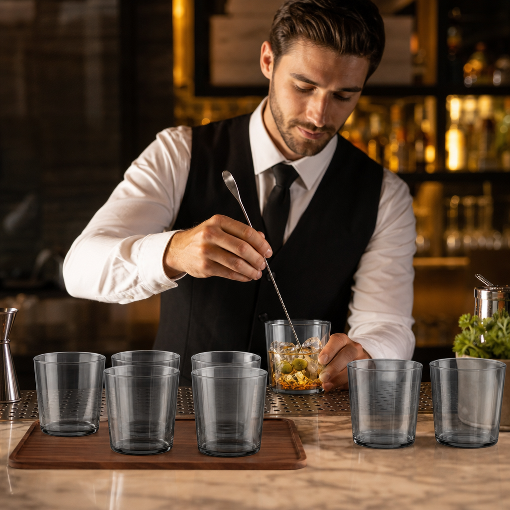 Glass Grey Double Old Fashioned Tumblers 390ml for Entertaining (Pack of 6)