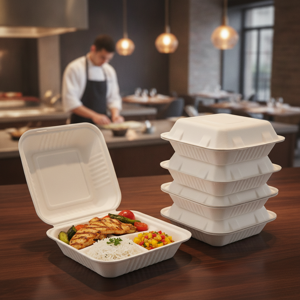 Bagasse Three-Compartment Food Containers 201mm for Eco-Friendly Catering (Pack of 200)