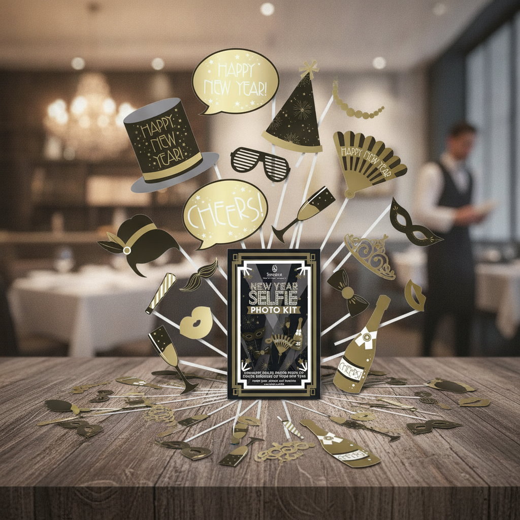 New Year Selfie Photo Kit with Gold Foiling for Celebrations (Pack of 8)