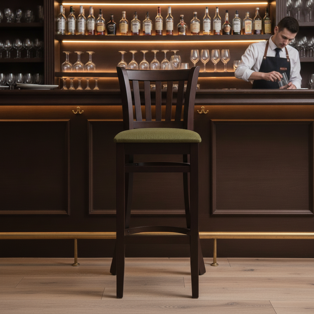 Rubber Wood Bar Chair with Padded Seat 1100mm for Commercial Use
