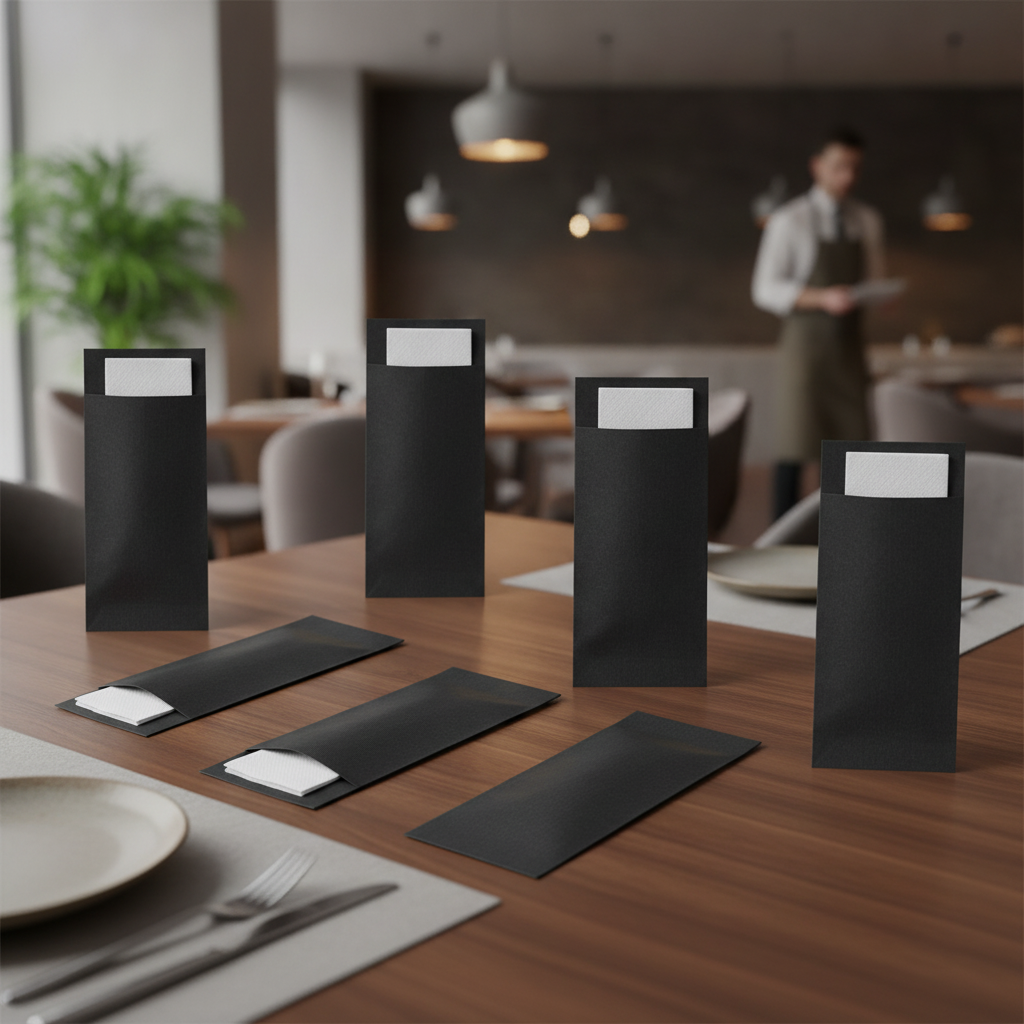 Paper Black Cutlery Pouch with White Napkin 195x57.5mm for Efficient Service (Pack of 500)