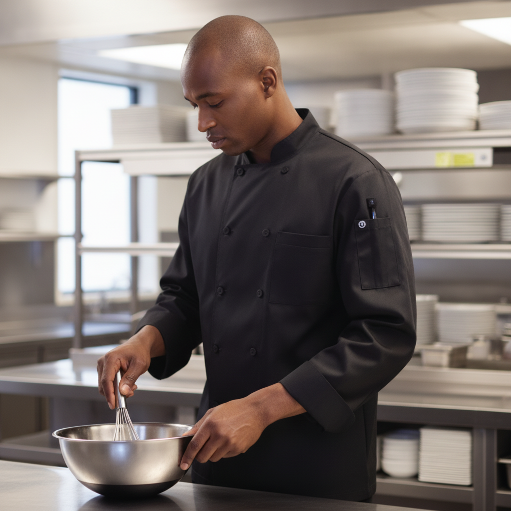 Lightweight Black Polycotton Chef Jacket for Commercial Kitchens