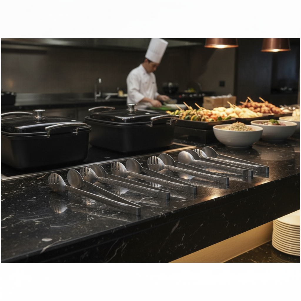 Hammered Stainless Steel Buffet Serving Tongs 9'' for Catering & Hospitality (Pack of 6)