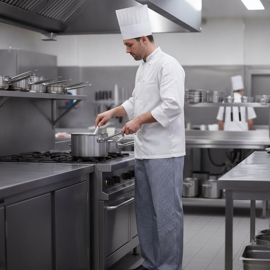 Polycotton Blue and White Check Chefs Trousers for Commercial Kitchens