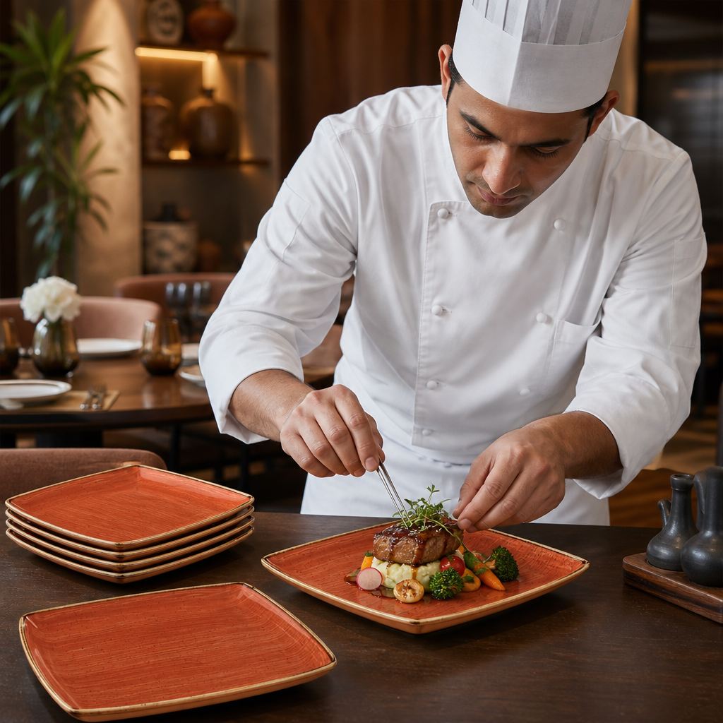 Spiced Deep Square Plates 260mm Orange Vitrified Ceramic for Dining (Pack of 6)