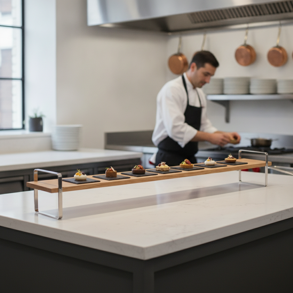 Oak Wood and Stainless Steel Large Presentation Table for Buffets