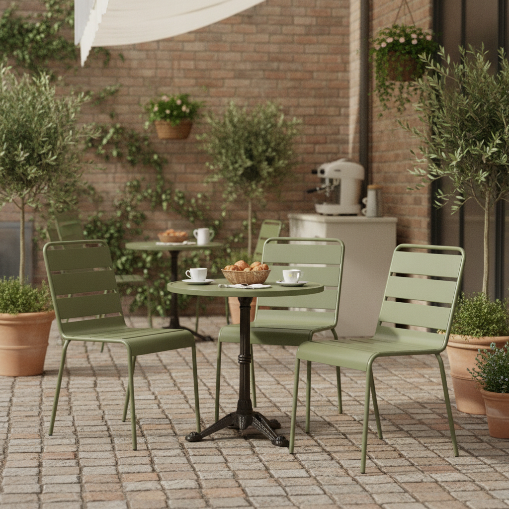 Powder Coated Steel Olive Green Slatted Side Chairs 830x470mm for Cafés & Bistros (Pack of 4)