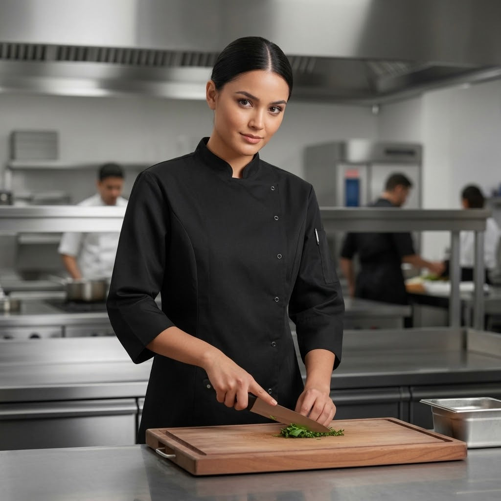Cotton & Recycled Polyester Fitted Chef Jacket Black for Professional Kitchens