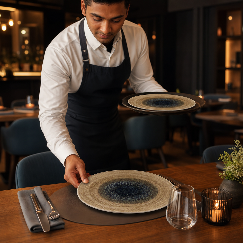 Organic Round Plates Blue Vitrified Ceramic for Rustic Dining (Pack of 12)